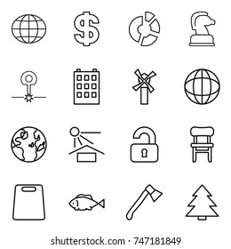 thin line icon set : globe, dollar, circle diagram, chess horse, laser, building, windmill, sun potection, unlocked, chair, cutting board, fish, axe, spruce