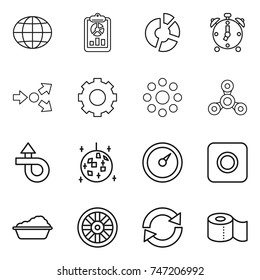 thin line icon set : globe, report, circle diagram, alarm clock, core splitting, gear, round around, spinner, trip, disco ball, barometer, ring button, washing, wheel, reload, toilet paper