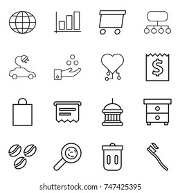 thin line icon set : globe, graph, delivery, structure, electric car, chemical industry, cardio chip, receipt, shopping bag, atm, goverment house, nightstand, coffee seeds, viruses, trash bin