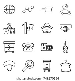 thin line icon set : globe, graph, delivery, electric car, fort, tower crane, confidential, surveillance camera, nightstand, phone, food processor, spikelets, mushroom, viruses, hive, hanger