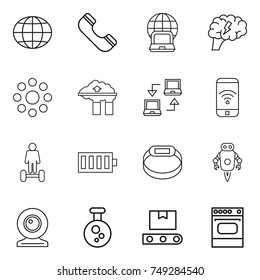 thin line icon set : globe, phone, notebook, brain, round around, factory filter, connect, wireless, hoverboard, battery, smart bracelet, jet robot, web cam, chemical, transporter tape, oven