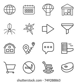 thin line icon set : globe, calendar, parachute, warehouse, virus, bang, right arrow, funnel, house, route, sms, hotel, cart, no smoking, rocking chair, steake