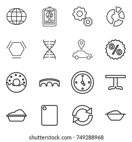 thin line icon set : globe, report, gear, circle diagram, hex molecule, dna, car pointer, percent, donut, bridge, watch, table, washing, cutting board, reload, foam basin