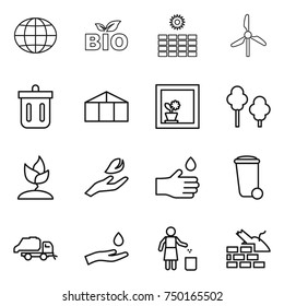 thin line icon set : globe, bio, sun power, windmill, bin, greenhouse, flower in window, trees, sprouting, hand leaf, drop, trash, truck, and, garbage, construct