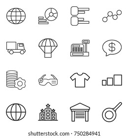 thin line icon set : globe, diagram, graph, truck, parachute, cashbox, money message, virtual mining, smart glasses, t shirt, sorting, hotel, garage, pan