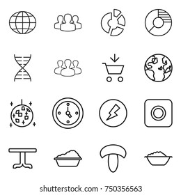 thin line icon set : globe, group, circle diagram, dna, add to cart, disco ball, watch, electricity, ring button, table, washing, mushroom, foam basin