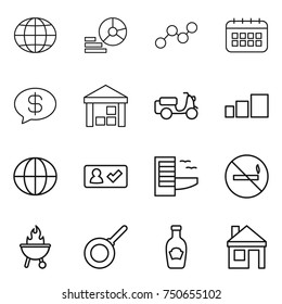 thin line icon set : globe, diagram, graph, calendar, money message, warehouse, scooter shipping, sorting, check in, hotel, no smoking, bbq, pan, ketchup, house