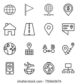 thin line icon set : globe, flag, connect, dollar pin, home, road, geo, location details, map, route a to b, mobile, plane shipping, compass, hierarchy