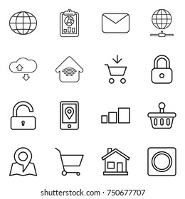 thin line icon set : globe, report, mail, connect, cloude service, wireless home, add to cart, lock, unlock, mobile location, sorting, basket, map, ring button