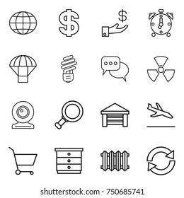 thin line icon set : globe, dollar, investment, alarm clock, parachute, bulb, discussion, nuclear, web cam, magnifier, garage, arrival, cart, chest of drawers, radiator, reload