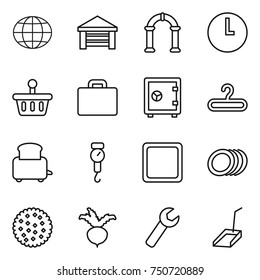 thin line icon set : globe, garage, arch, clock, basket, suitcase, safe, hanger, toaster, handle scales, cutting board, plates, cookies, beet, wrench, scoop