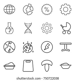 thin line icon set : globe, circle diagram, percent, gear, round flask, dna, around, baby stroller, earth, disco ball, electricity, table, washing, cutting board, mushroom, foam basin