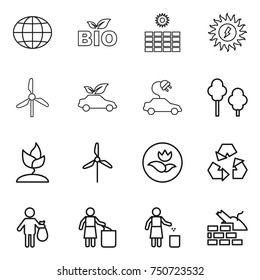 thin line icon set : globe, bio, sun power, windmill, eco car, electric, trees, sprouting, ecology, recycling, trash, garbage bin, construct