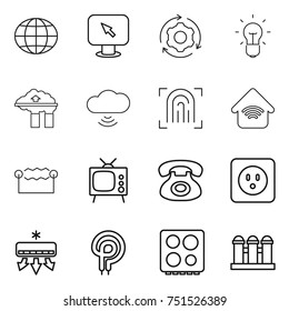 thin line icon set : globe, monitor arrow, around gear, bulb, factory filter, cloud wireless, fingerprint, home, electrostatic, tv, phone, power socket, air conditioning, elecric oven, hob