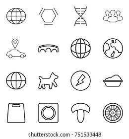 thin line icon set : globe, hex molecule, dna, group, car pointer, bridge, earth, dog, electricity, washing, cutting board, ring button, mushroom, wheel