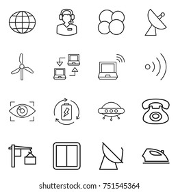 thin line icon set : globe, call center, atom core, satellite antenna, windmill, notebook connect, wireless, eye identity, battery charge, ufo, phone, loading, power switch, iron