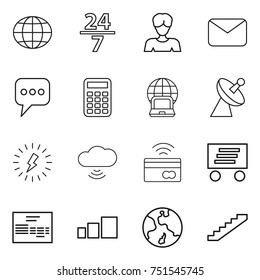 thin line icon set : globe, 24 7, woman, mail, message, calculator, notebook, satellite antenna, lightning, cloud wireless, tap to pay, delivery, invoice, sorting, earth, stairs