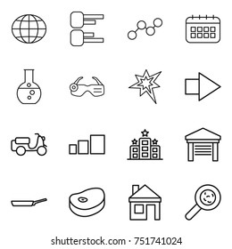 thin line icon set : globe, diagram, graph, calendar, round flask, smart glasses, bang, right arrow, scooter shipping, sorting, hotel, garage, pan, steake, house, viruses