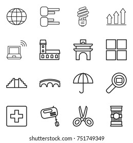 thin line icon set : globe, diagram, bulb, graph up, notebook wireless, mansion, arch, window, pyramid, bridge, dry cargo, search, first aid, mixer, scissors, pasta