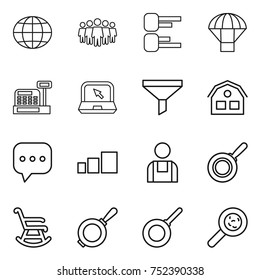 thin line icon set : globe, team, diagram, parachute, cashbox, notebook, funnel, house, sms, sorting, workman, pan, rocking chair, viruses