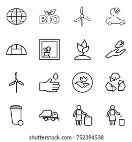 thin line icon set : globe, bio, windmill, electric car, greenhouse, flower in window, sprouting, hand leaf, drop, ecology, recycling, trash bin, truck, garbage