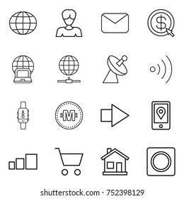 thin line icon set : globe, woman, mail, dollar arrow, notebook, connect, satellite antenna, wireless, smart watch, crypto currency, right, mobile location, sorting, cart, home, ring button