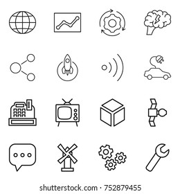thin line icon set : globe, statistics, around gear, brain, molecule, rocket, wireless, electric car, cashbox, tv, 3d, satellite, sms, windmill, gears, wrench