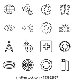 thin line icon set : globe, gear, circle diagram, alarm clock, eye, core splitting, bio, draw compass, trip, first aid, lifebuoy, inflatable pool, wheel, reload, paper towel