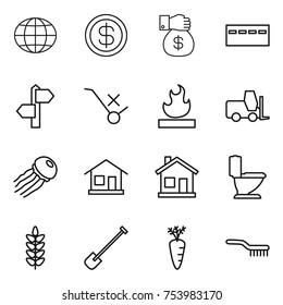 thin line icon set : globe, dollar, money gift, bunker, signpost, do not trolley sign, flammable, fork loader, jellyfish, home, toilet, spikelets, shovel, carrot, brush