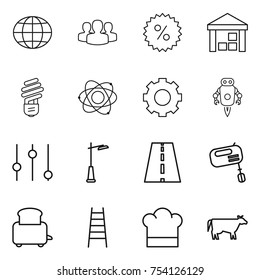 thin line icon set : globe, group, percent, warehouse, bulb, atom, gear, jet robot, equalizer, outdoor light, road, mixer, toaster, stairs, cook hat, cow