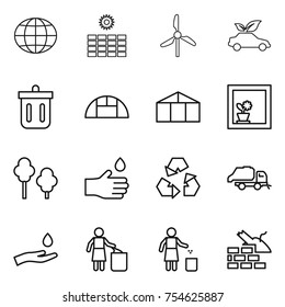 thin line icon set : globe, sun power, windmill, eco car, bin, greenhouse, flower in window, trees, hand drop, recycling, trash truck, and, garbage, construct