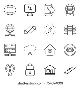 thin line icon set : globe, monitor arrow, touch, notebook, connect, up down, lightning, server, cloud wireless, home, crypto currency, antenna, lock, stairs