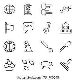 thin line icon set : globe, report, diagram, graph, flag, message, cottage, stands for knives, big spoon, chef knife, cupcake, seeds, pig, scraper
