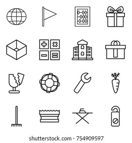 thin line icon set : globe, flag, abacus, gift, box, calculator, building, hi quality package, broken, lifebuoy, wrench, carrot, rake, sponge, iron board, do not distrub thin line icon set : globe, flag, abacus, gift, box, calculator, building, hi quality package, broken, lifebuoy, wrench, carrot, rake, sponge, iron board, do not distrub