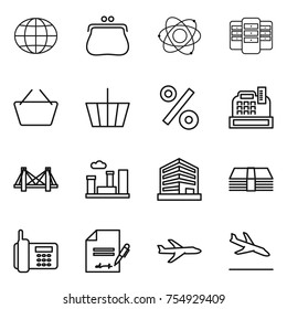 thin line icon set : globe, purse, atom, server, basket, percent, cashbox, bridge, city, office, money, phone, inventory, plane, arrival