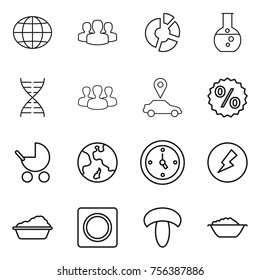 Thin line icon set : globe, group, circle diagram, round flask, dna, car pointer, percent, baby stroller, earth, watch, electricity, washing, ring button, mushroom, foam basin