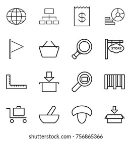 Thin line icon set : globe, hierarchy, receipt, diagram, flag, basket, magnifier, store signboard, ruler, package, cargo search, bar code, baggage trolley, mortar, mushroom