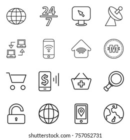 Thin line icon set : globe, 24 7, monitor arrow, satellite antenna, notebook connect, phone wireless, home, crypto currency, cart, mobile pay, add to basket, magnifier, unlock, location, earth