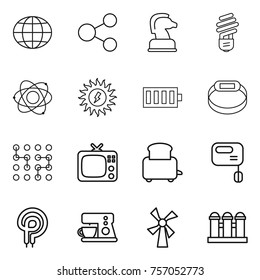 Thin line icon set : globe, share, chess horse, bulb, atom, sun power, battery, smart bracelet, chip, tv, toaster, mixer, elecric oven, coffee maker, windmill, grain elevator