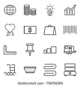 Thin line icon set : globe, coin stack, bulb, diagram, cardio chip, receipt, shopping bag, bar code, ruler, pin, sorting, trailer, pool, colander, towel, double boiler