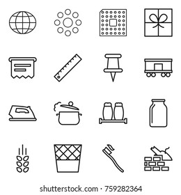 Thin line icon set : globe, round around, cpu, gift, atm receipt, ruler, pin, railroad shipping, iron, steam pan, salt pepper, bank, spikelets, trash bin, tooth brush, construct garbage