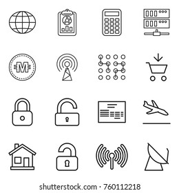 Thin line icon set : globe, report, calculator, server, crypto currency, antenna, chip, add to cart, lock, unlock, invoice, arrival, home, unlocked, wireless, satellite