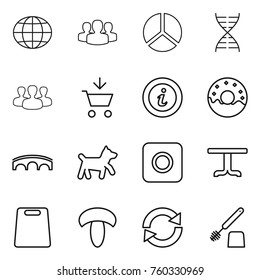 Thin line icon set : globe, group, diagram, dna, add to cart, info, donut, bridge, dog, ring button, table, cutting board, mushroom, reload, toilet brush