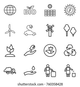 Thin line icon set : globe, bio, sun power, windmill, electric car, trees, sprouting, hand leaf, ecology, recycling, trash truck, and drop, garbage bin