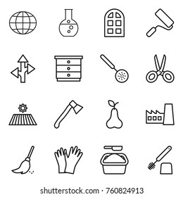 Thin line icon set : globe, round flask, arch window, repair, route, chest of drawers, skimmer, scissors, field, axe, pear, factory, broom, gloves, washing powder, toilet brush