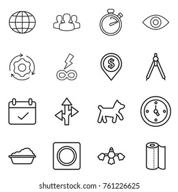 Thin line icon set : globe, group, stopwatch, eye, around gear, infinity power, dollar pin, drawing compasses, terms, route, dog, watch, washing, ring button, hard reach place cleaning, paper towel