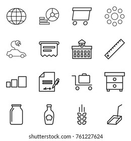 Thin line icon set : globe, diagram, delivery, round around, electric car, atm receipt, university, ruler, sorting, inventory, baggage trolley, nightstand, bank, ketchup, spikelets, scoop
