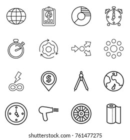 Thin Line Icon Set : Globe, Report, Circle Diagram, Alarm Clock, Stopwatch, Around Gear, Core Splitting, Round, Infinity Power, Dollar Pin, Drawing Compasses, Earth, Watch, Hair Dryer, Wheel