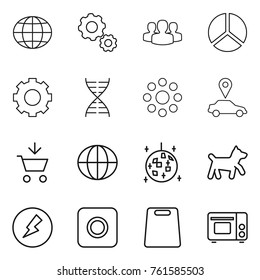 Thin line icon set : globe, gear, group, diagram, dna, round around, car pointer, add to cart, disco ball, dog, electricity, ring button, cutting board, grill oven