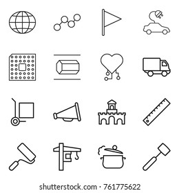 Thin line icon set : globe, graph, flag, electric car, cpu, nano tube, cardio chip, delivery, cargo stoller, loudspeaker, fort, ruler, repair, tower crane, steam pan, meat hammer